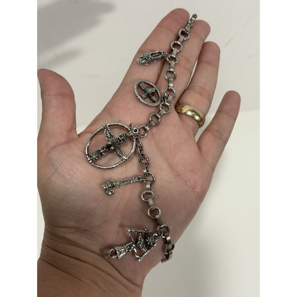 Vintage 1970s Native American Indian Charm 7" Bracelet W/ Turquoise Accents - Picture 7 of 10